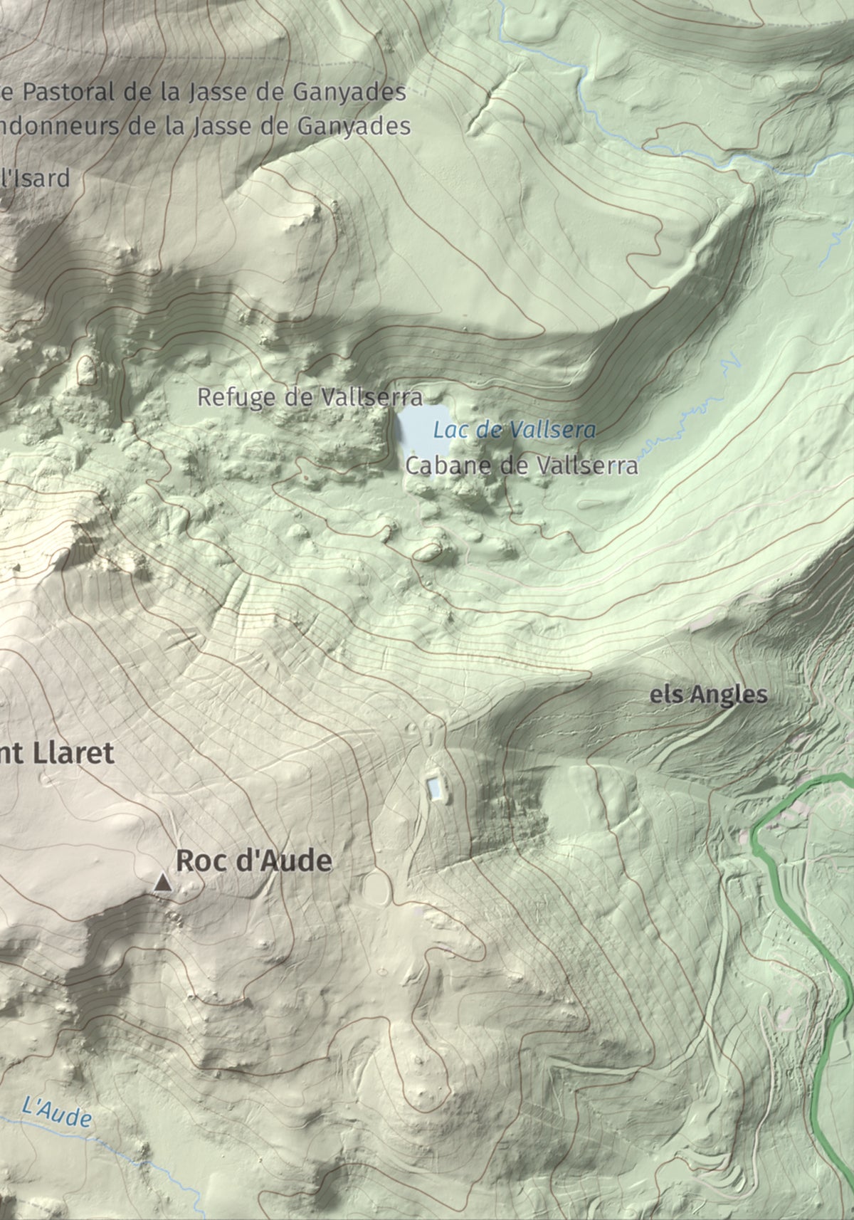 Mapa de relieve de Puig del Pam, 2470 m, Capcir, lámina 100 Cims de Trobart. Detalle de la zona inferior derecha. 21 × 30 cm.
