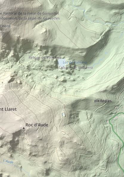 Mapa de relieve de Puig del Pam, 2470 m, Capcir, lámina 100 Cims de Trobart. Detalle de la zona inferior derecha. 21 × 30 cm.