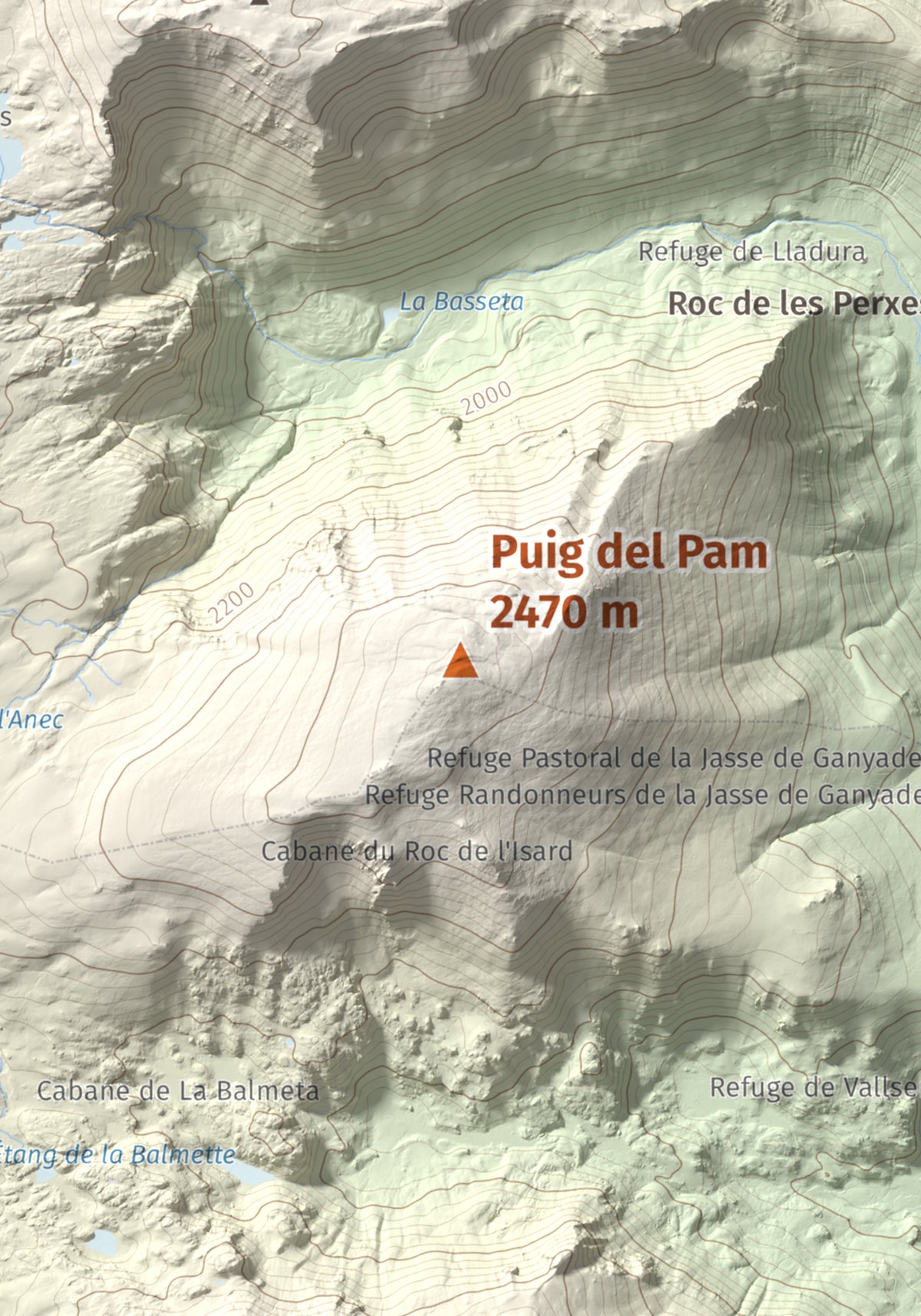 Mapa de relieve de Puig del Pam, 2470 m, Capcir, lámina 100 Cims de Trobart. Detalle de la zona central. 21 × 30 cm.