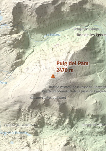 Mapa de relieve de Puig del Pam, 2470 m, Capcir, lámina 100 Cims de Trobart. Detalle de la zona central. 21 × 30 cm.