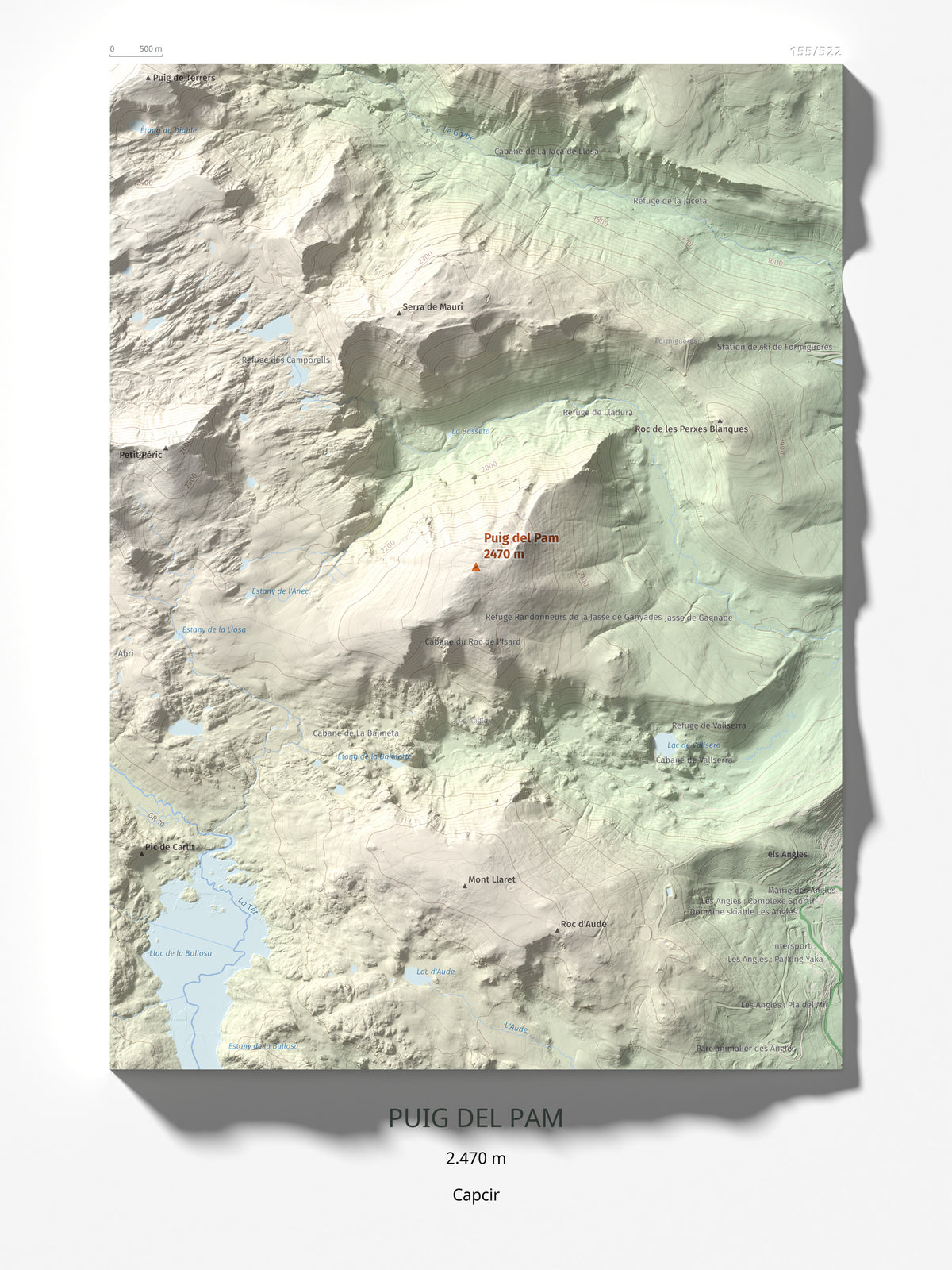 Mapa de relieve de Puig del Pam, 2470 m, Capcir, lámina 100 Cims de Trobart 30 × 40 cm.