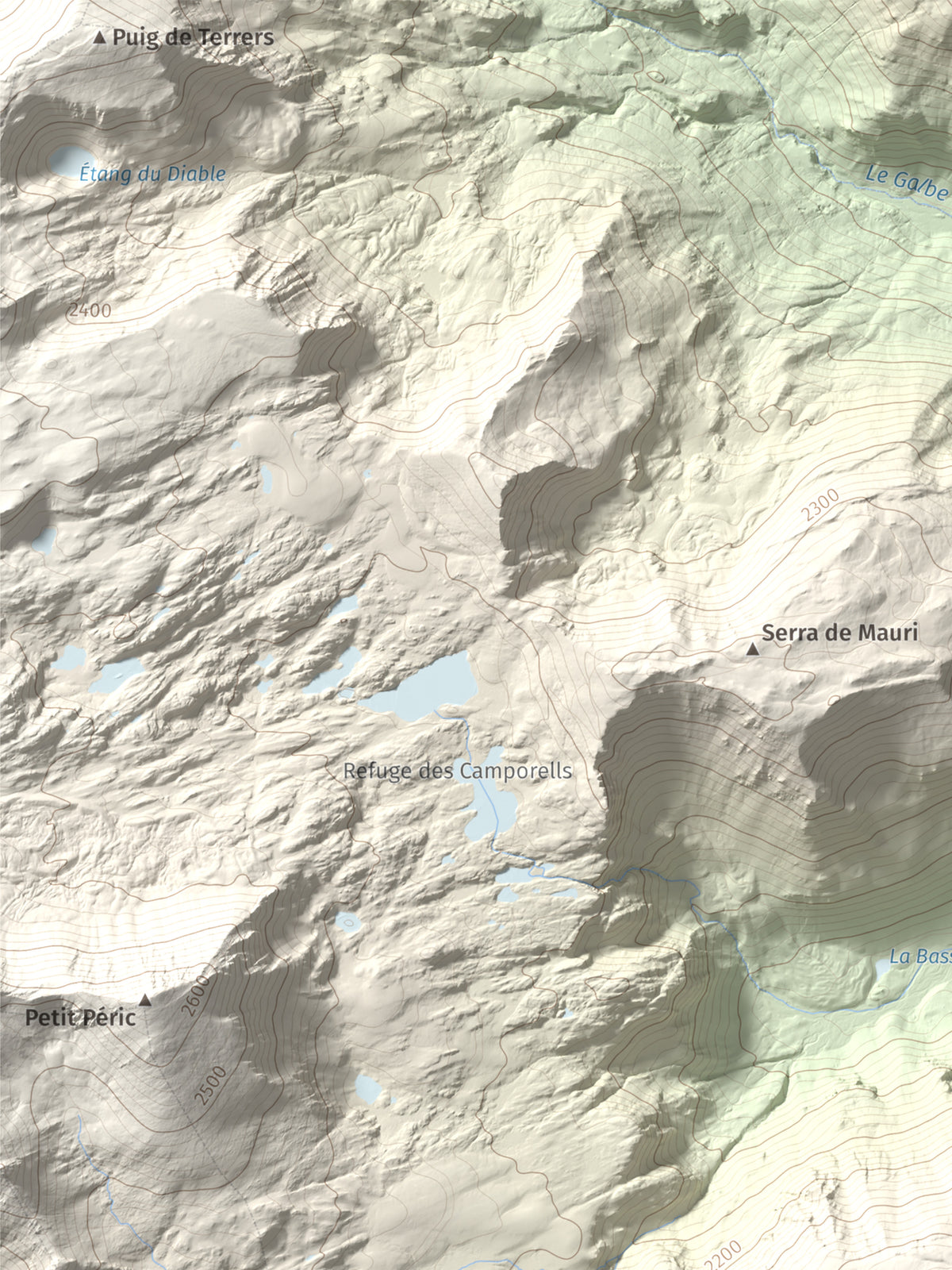Mapa de relieve de Puig del Pam, 2470 m, Capcir, lámina 100 Cims de Trobart. Detalle de la zona superior izquierda. 30 × 40 cm.