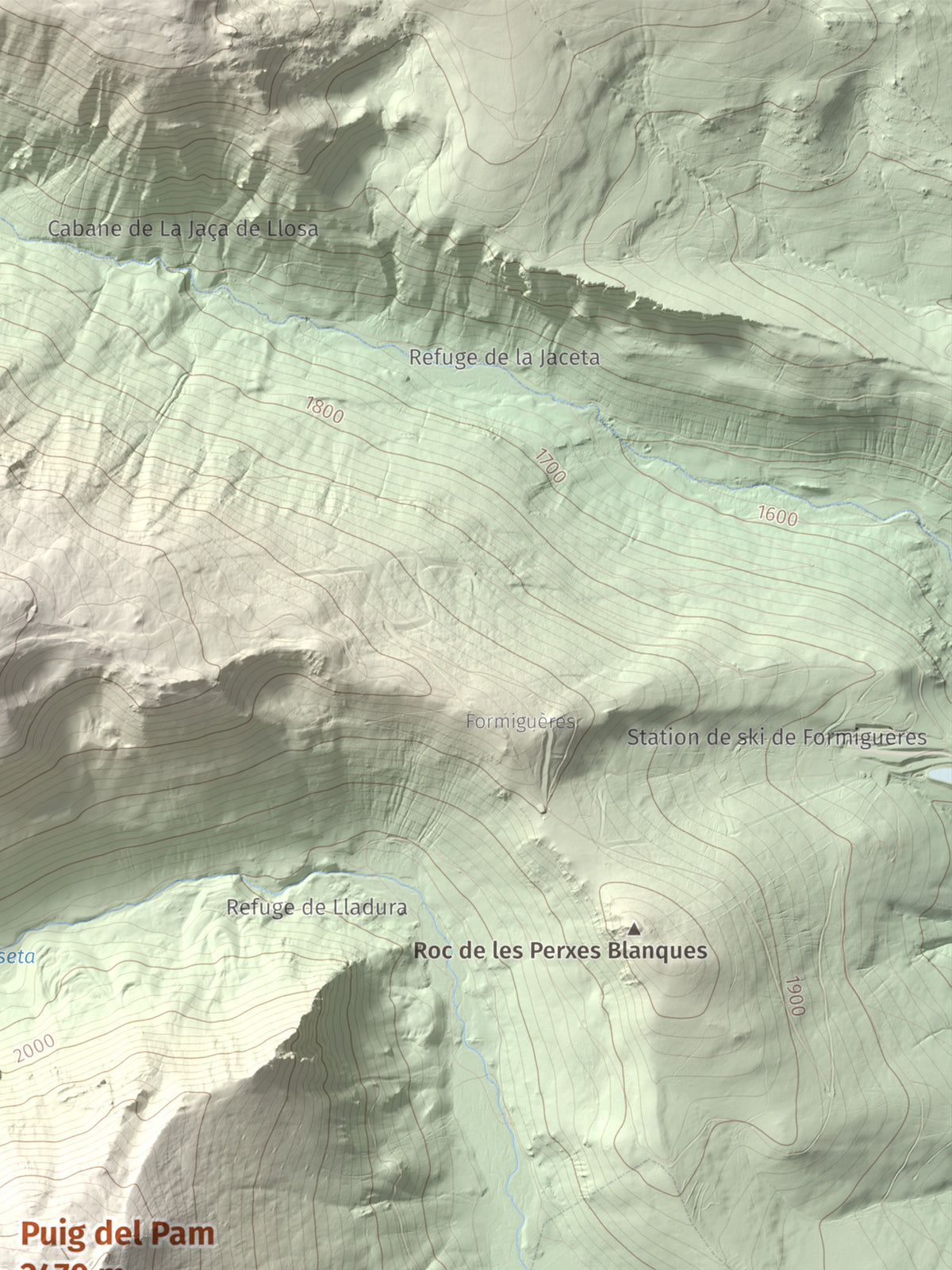 Mapa de relieve de Puig del Pam, 2470 m, Capcir, lámina 100 Cims de Trobart. Detalle de la zona superior derecha. 30 × 40 cm.