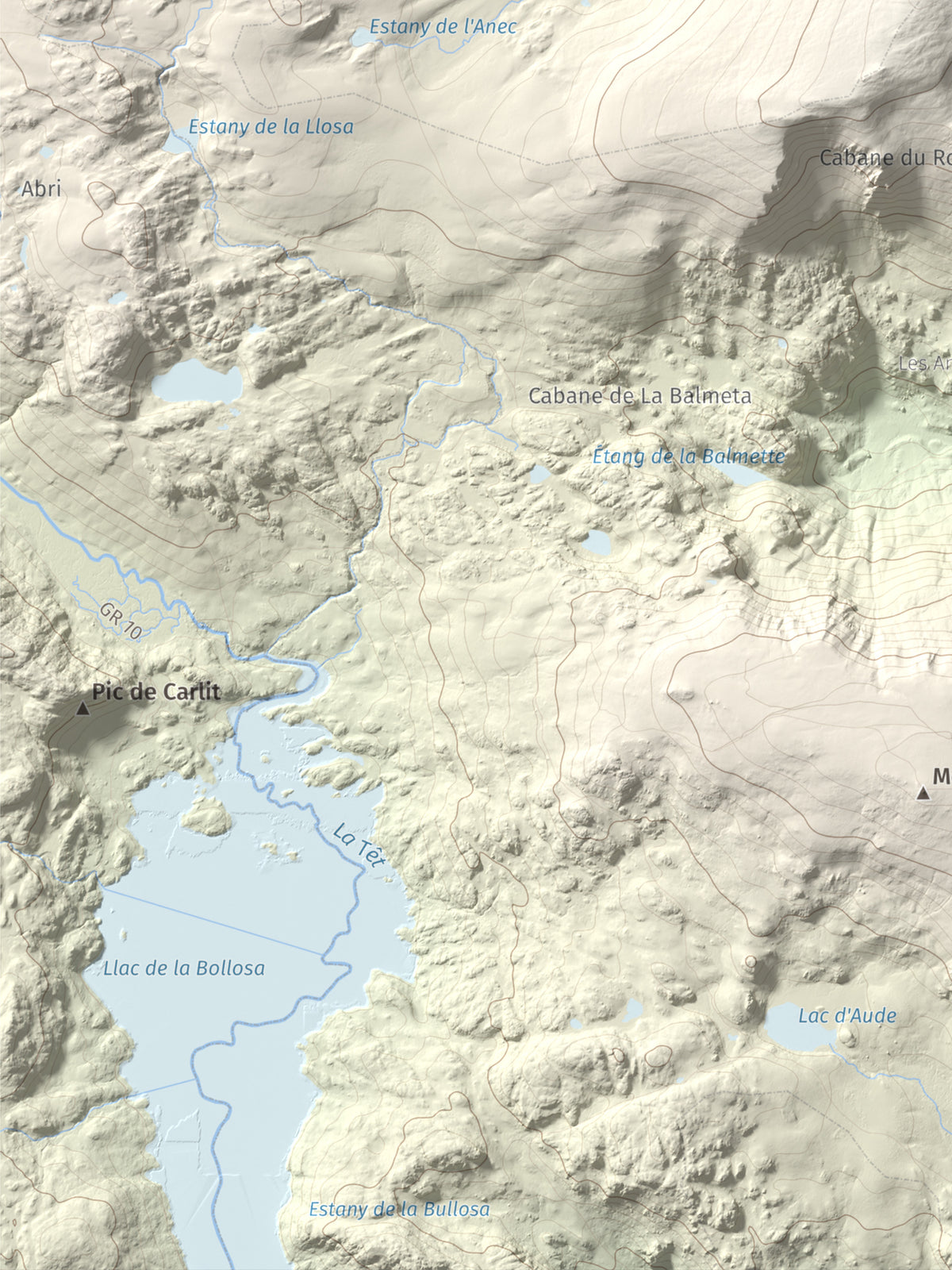 Mapa de relieve de Puig del Pam, 2470 m, Capcir, lámina 100 Cims de Trobart. Detalle de la zona inferior izquierda. 30 × 40 cm.