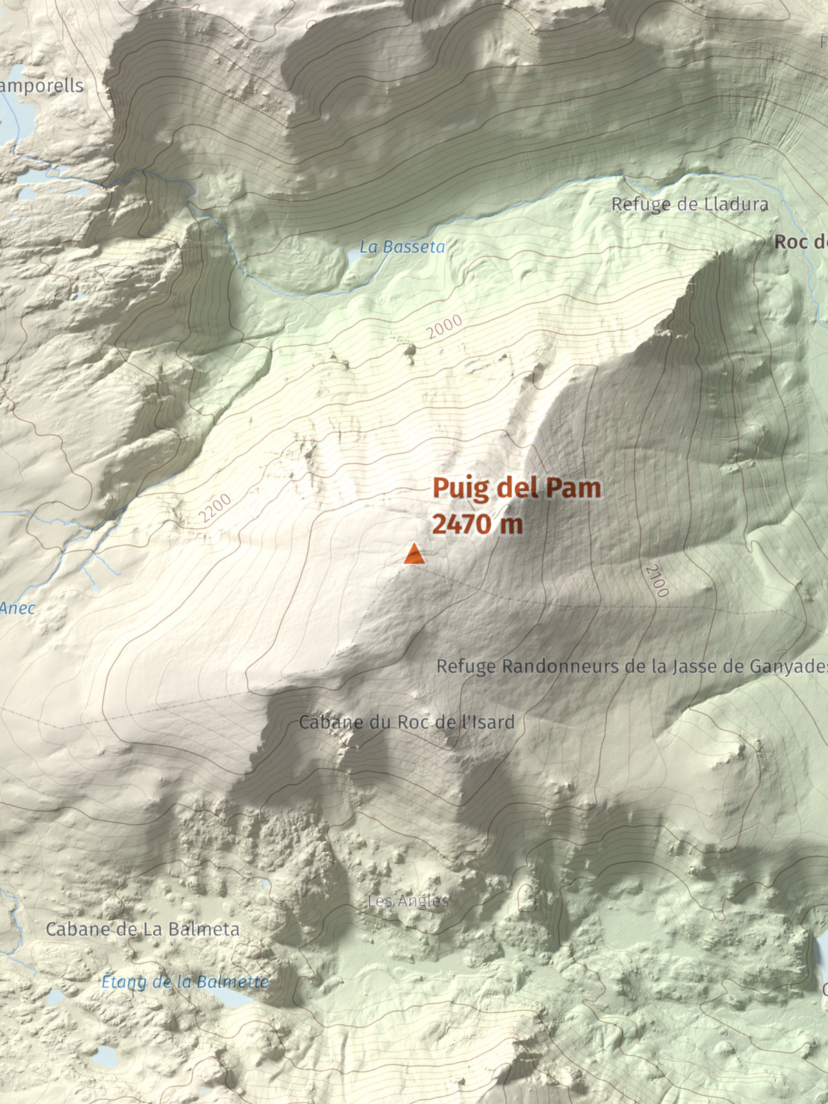 Mapa de relieve de Puig del Pam, 2470 m, Capcir, lámina 100 Cims de Trobart. Detalle de la zona central. 30 × 40 cm.