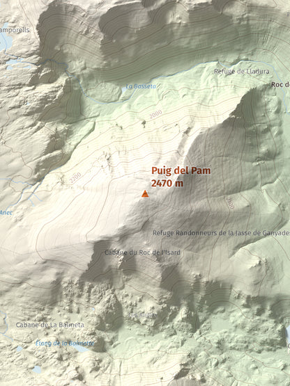 Mapa de relieve de Puig del Pam, 2470 m, Capcir, lámina 100 Cims de Trobart. Detalle de la zona central. 30 × 40 cm.