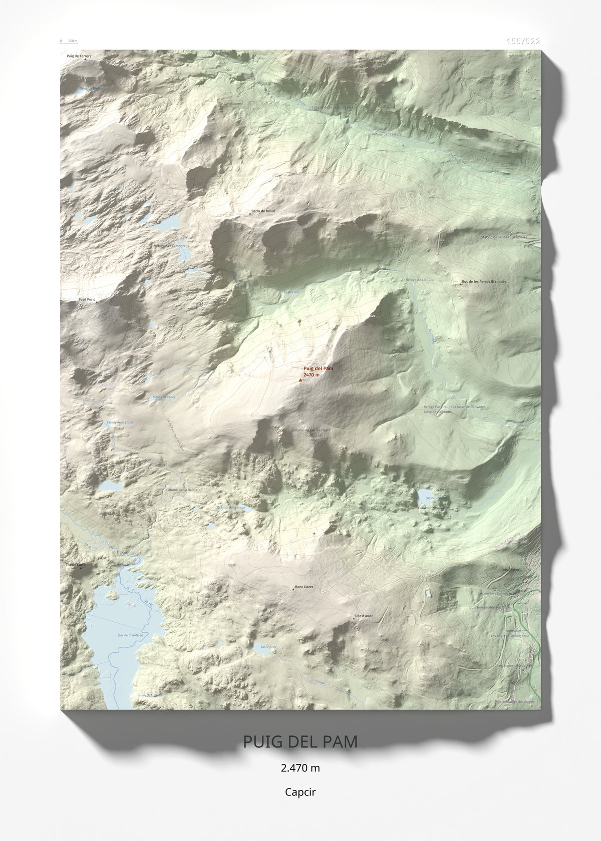 Mapa de relieve de Puig del Pam, 2470 m, Capcir, lámina 100 Cims de Trobart 50 × 70 cm.
