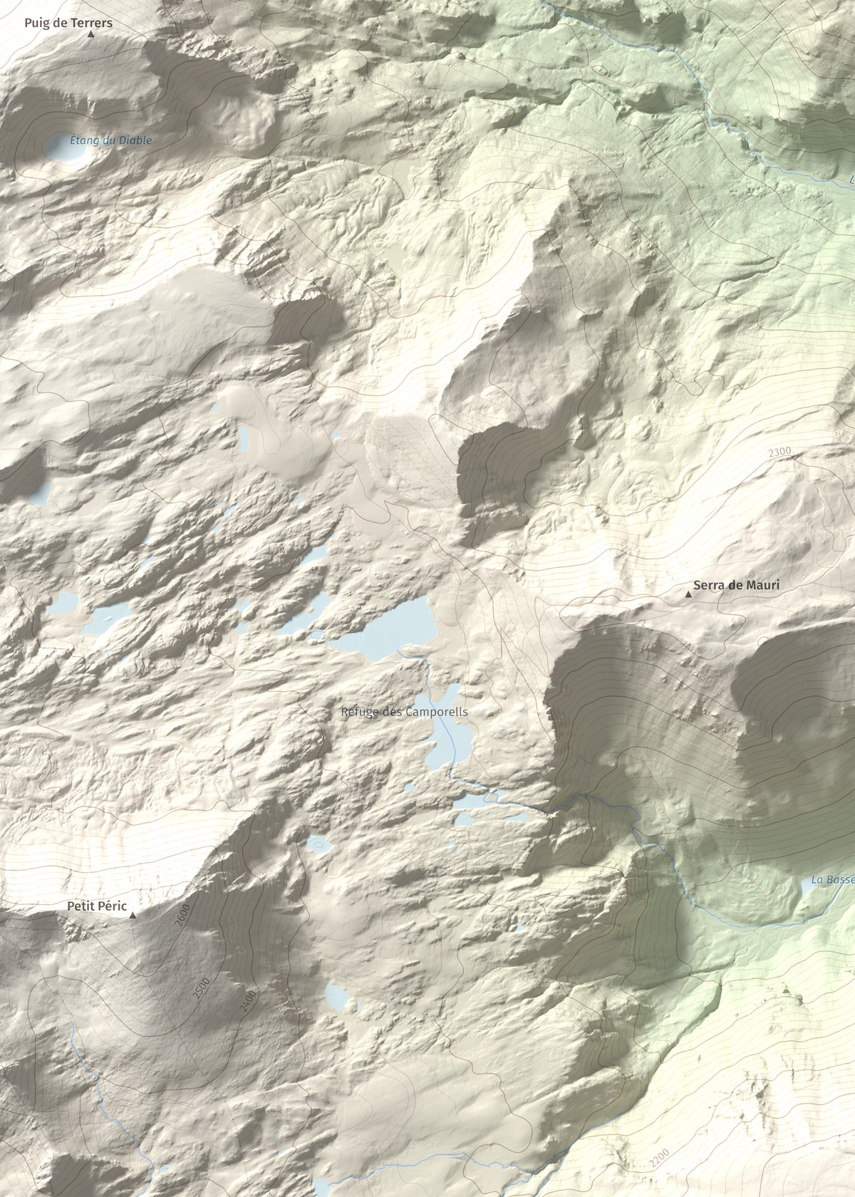 Mapa de relieve de Puig del Pam, 2470 m, Capcir, lámina 100 Cims de Trobart. Detalle de la zona superior izquierda. 50 × 70 cm.