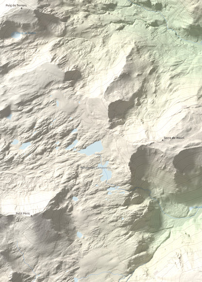 Mapa de relieve de Puig del Pam, 2470 m, Capcir, lámina 100 Cims de Trobart. Detalle de la zona superior izquierda. 50 × 70 cm.