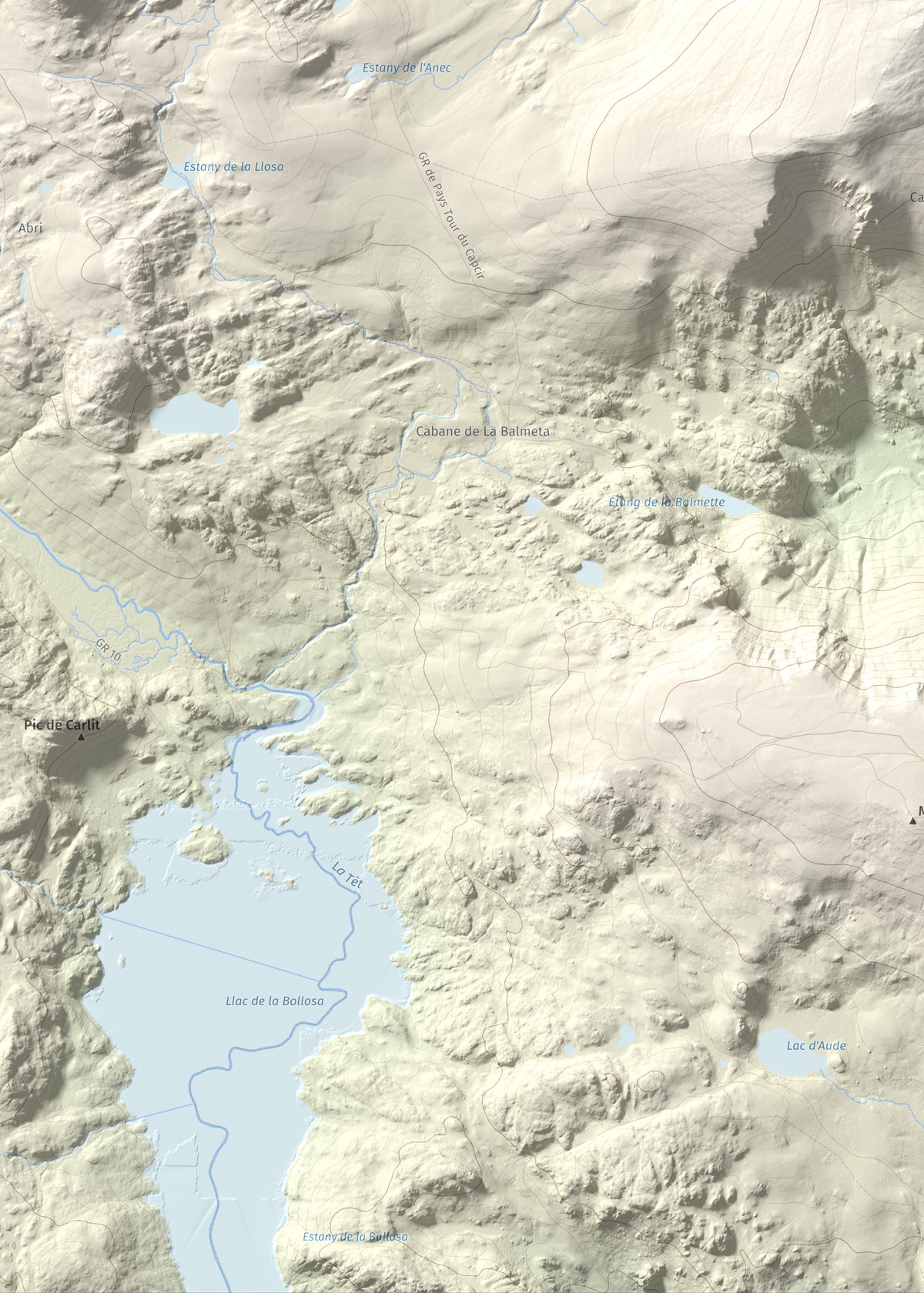 Mapa de relieve de Puig del Pam, 2470 m, Capcir, lámina 100 Cims de Trobart. Detalle de la zona inferior izquierda. 50 × 70 cm.