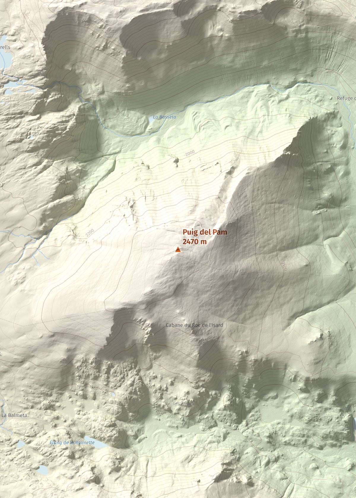 Mapa de relieve de Puig del Pam, 2470 m, Capcir, lámina 100 Cims de Trobart. Detalle de la zona central. 50 × 70 cm.
