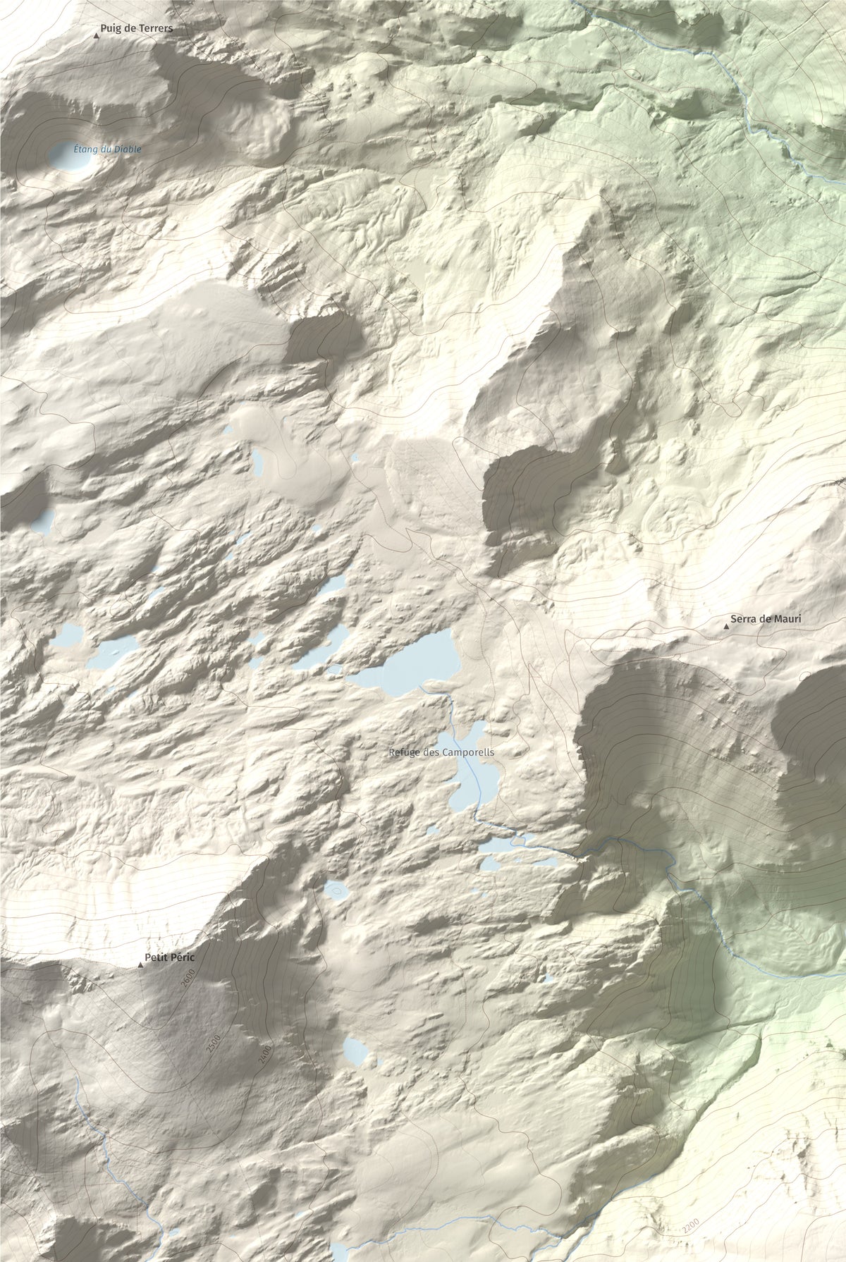 Mapa de relieve de Puig del Pam, 2470 m, Capcir, lámina 100 Cims de Trobart. Detalle de la zona superior izquierda. 61 × 91 cm.