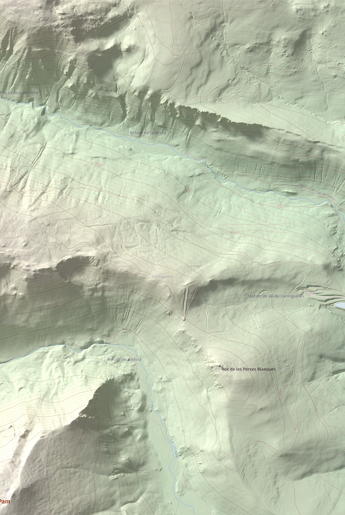 Mapa de relieve de Puig del Pam, 2470 m, Capcir, lámina 100 Cims de Trobart. Detalle de la zona superior derecha. 61 × 91 cm.