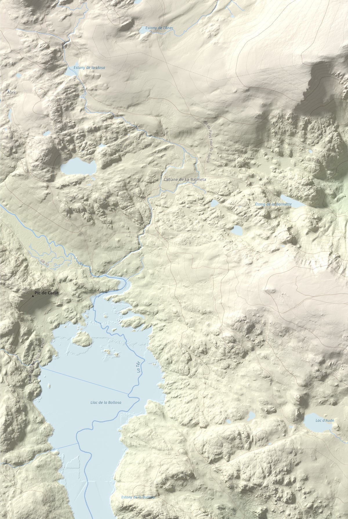 Mapa de relieve de Puig del Pam, 2470 m, Capcir, lámina 100 Cims de Trobart. Detalle de la zona inferior izquierda. 61 × 91 cm.