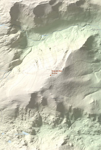 Mapa de relieve de Puig del Pam, 2470 m, Capcir, lámina 100 Cims de Trobart. Detalle de la zona central. 61 × 91 cm.