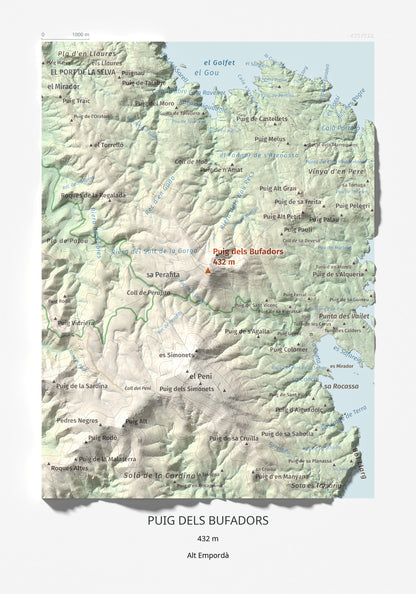 Mapa topogràfic del relleu: Puig dels Bufadors, 432 m. Làmina completa. 21 × 30 cm.