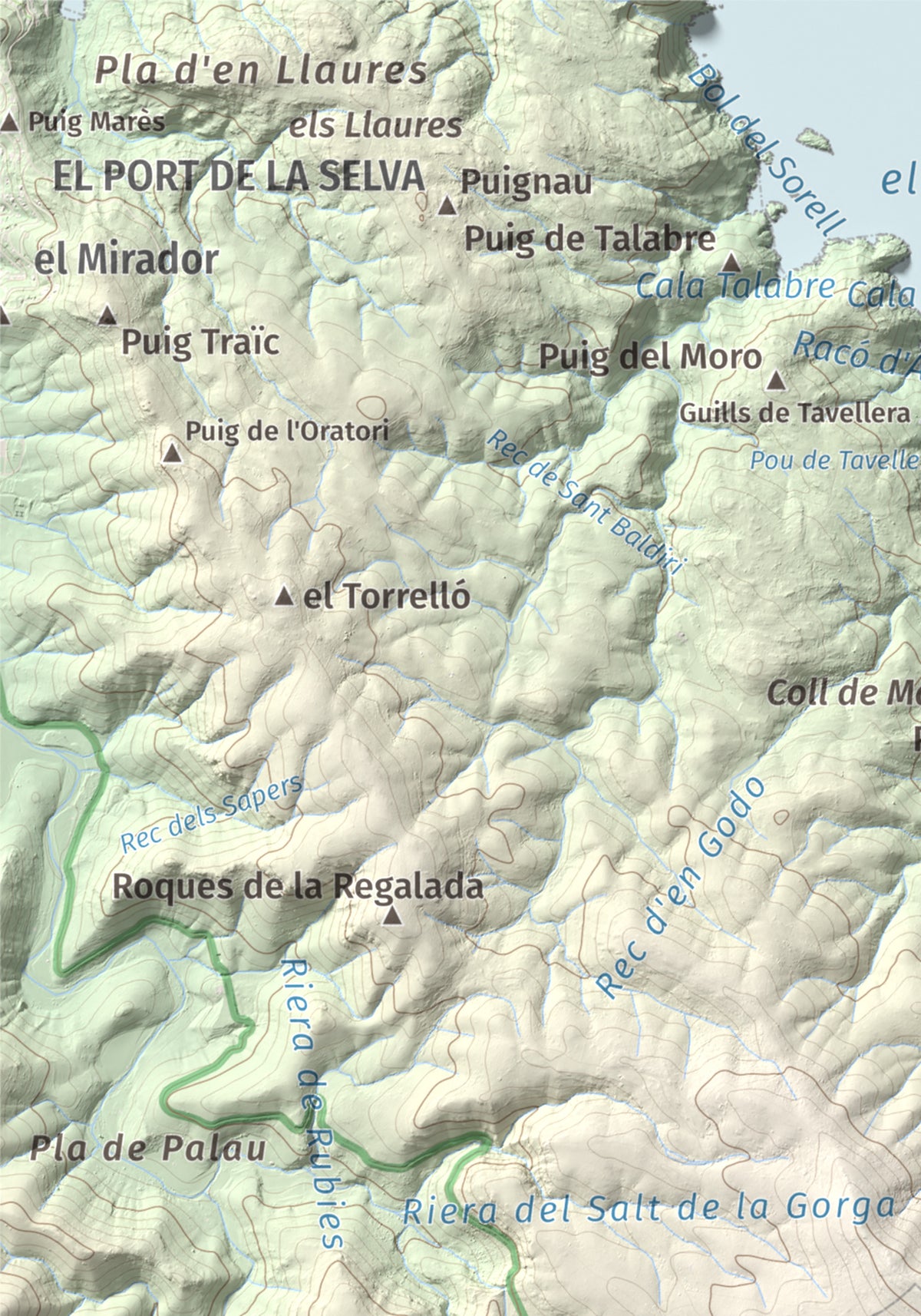 Mapa topogràfic del relleu: Puig dels Bufadors, 432 m. Detall de la zona superior esquerra. 21 × 30 cm.