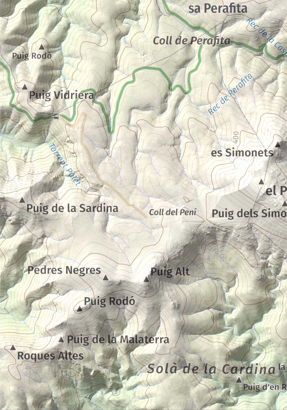 Mapa topogràfic del relleu: Puig dels Bufadors, 432 m. Detall de la zona inferior esquerra. 21 × 30 cm.