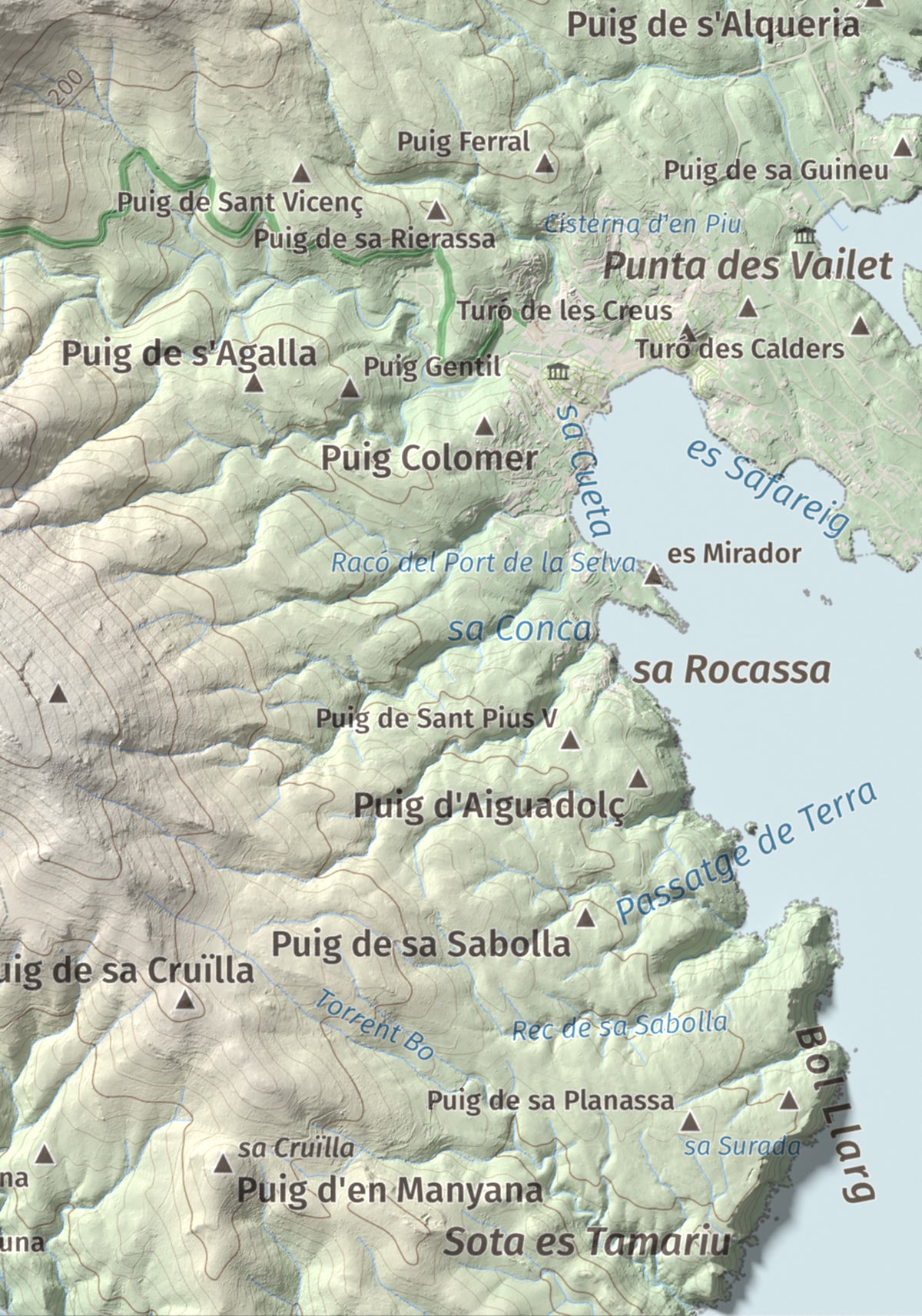 Mapa topogràfic del relleu: Puig dels Bufadors, 432 m. Detall de la zona inferior dreta. 21 × 30 cm.