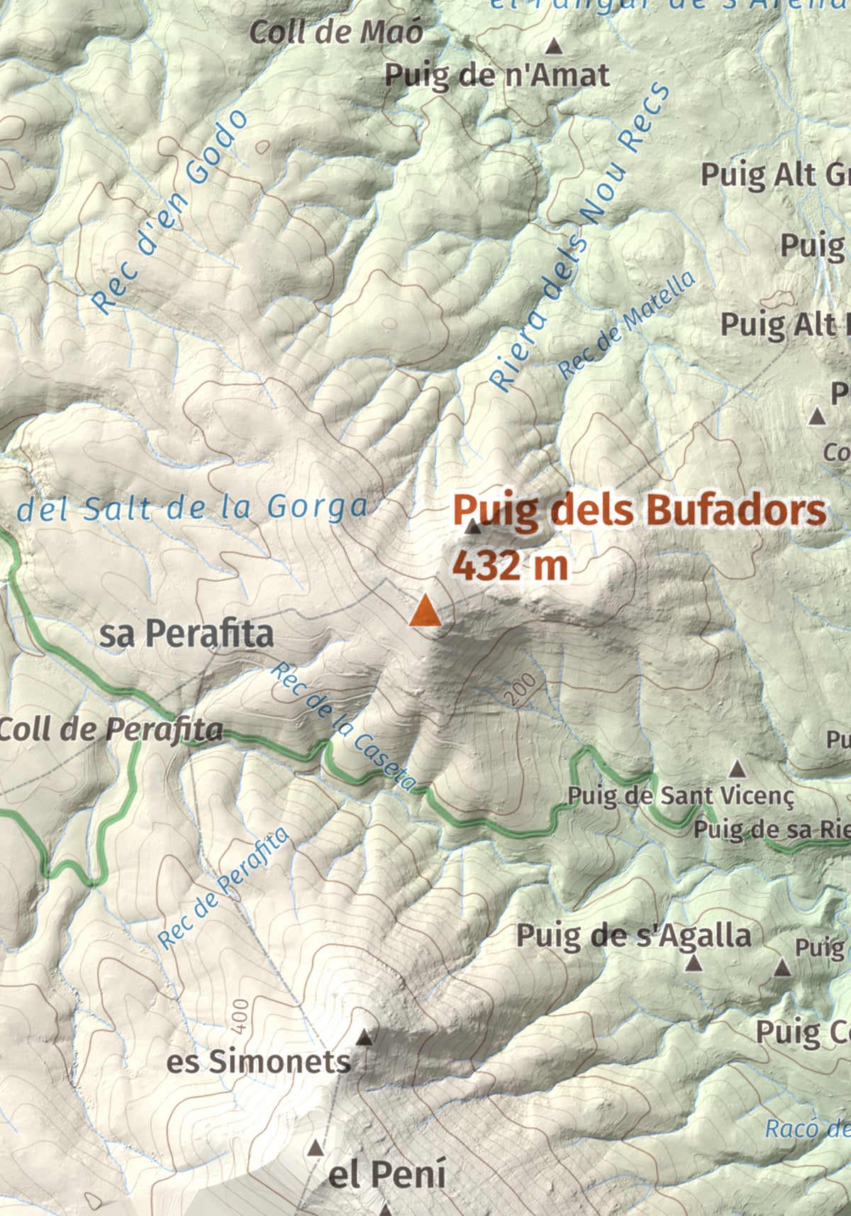 Mapa topogràfic del relleu: Puig dels Bufadors, 432 m. Detall de la zona central. 21 × 30 cm.