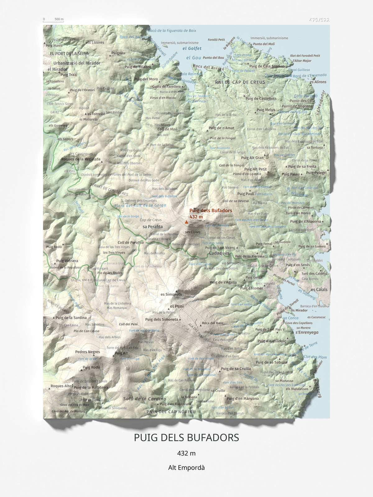 Mapa topogràfic del relleu: Puig dels Bufadors, 432 m. Làmina completa. 30 × 40 cm.