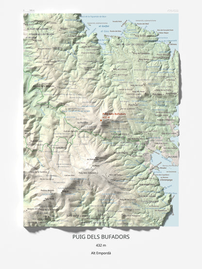 Mapa topogràfic del relleu: Puig dels Bufadors, 432 m. Làmina completa. 30 × 40 cm.