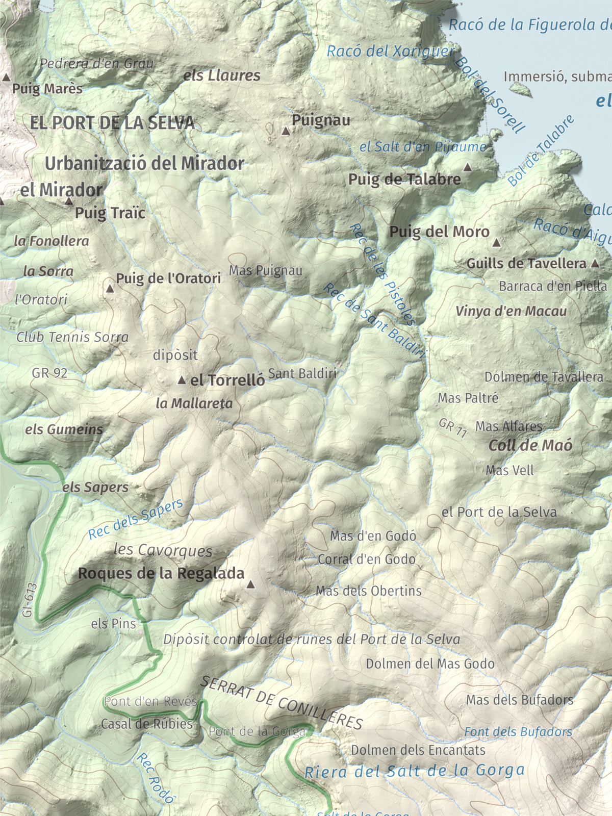 Mapa topogràfic del relleu: Puig dels Bufadors, 432 m. Detall de la zona superior esquerra. 30 × 40 cm.
