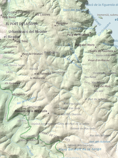 Mapa topogràfic del relleu: Puig dels Bufadors, 432 m. Detall de la zona superior esquerra. 30 × 40 cm.