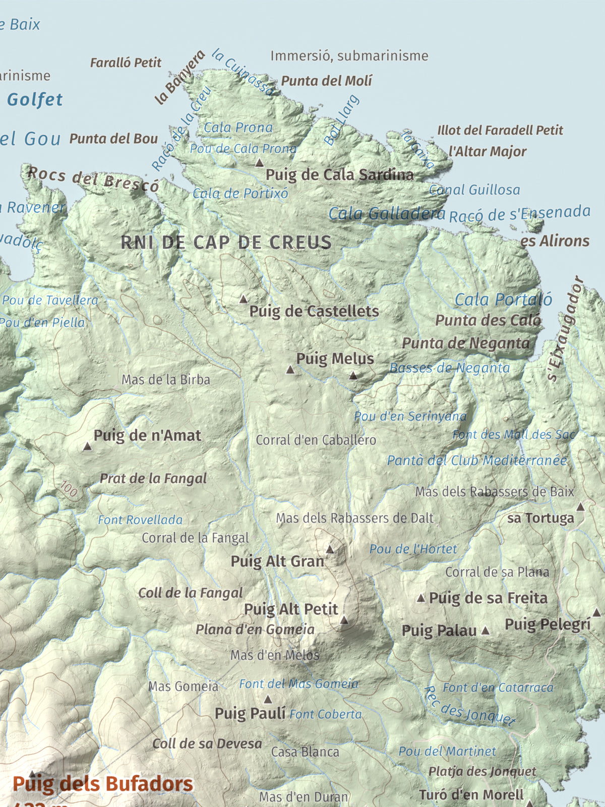 Mapa topogràfic del relleu: Puig dels Bufadors, 432 m. Detall de la zona superior dreta. 30 × 40 cm.