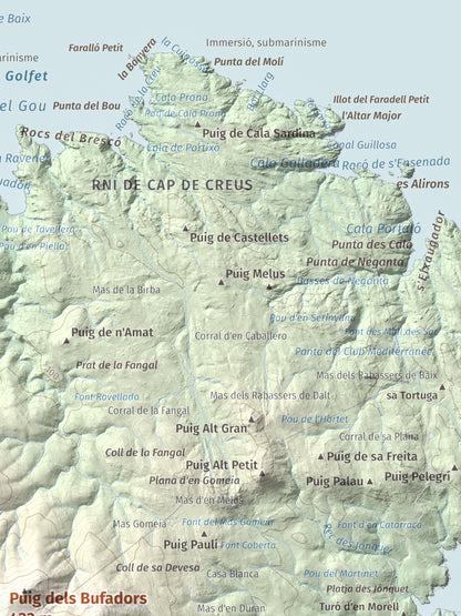 Mapa topogràfic del relleu: Puig dels Bufadors, 432 m. Detall de la zona superior dreta. 30 × 40 cm.