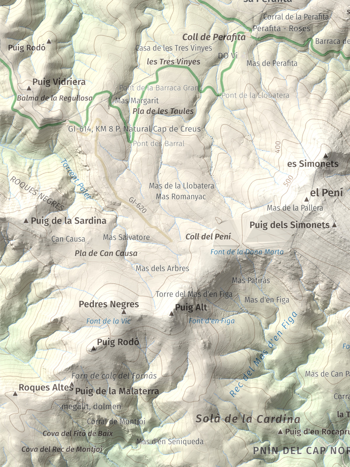Mapa topogràfic del relleu: Puig dels Bufadors, 432 m. Detall de la zona inferior esquerra. 30 × 40 cm.