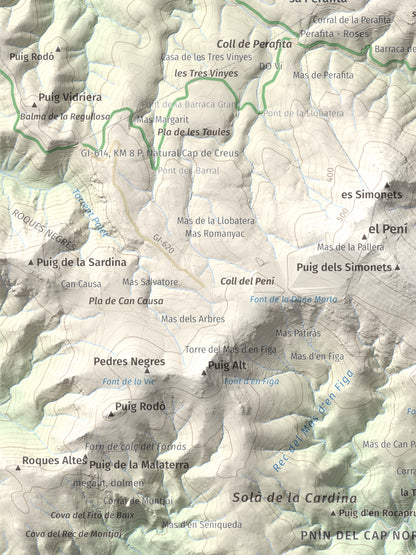Mapa topogràfic del relleu: Puig dels Bufadors, 432 m. Detall de la zona inferior esquerra. 30 × 40 cm.