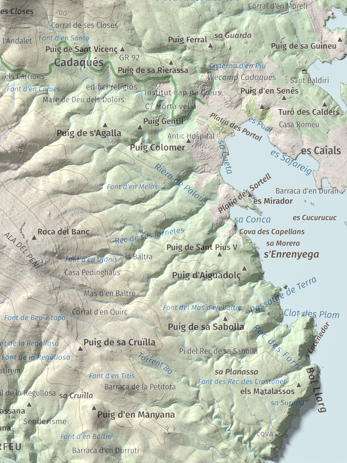Mapa topogràfic del relleu: Puig dels Bufadors, 432 m. Detall de la zona inferior dreta. 30 × 40 cm.