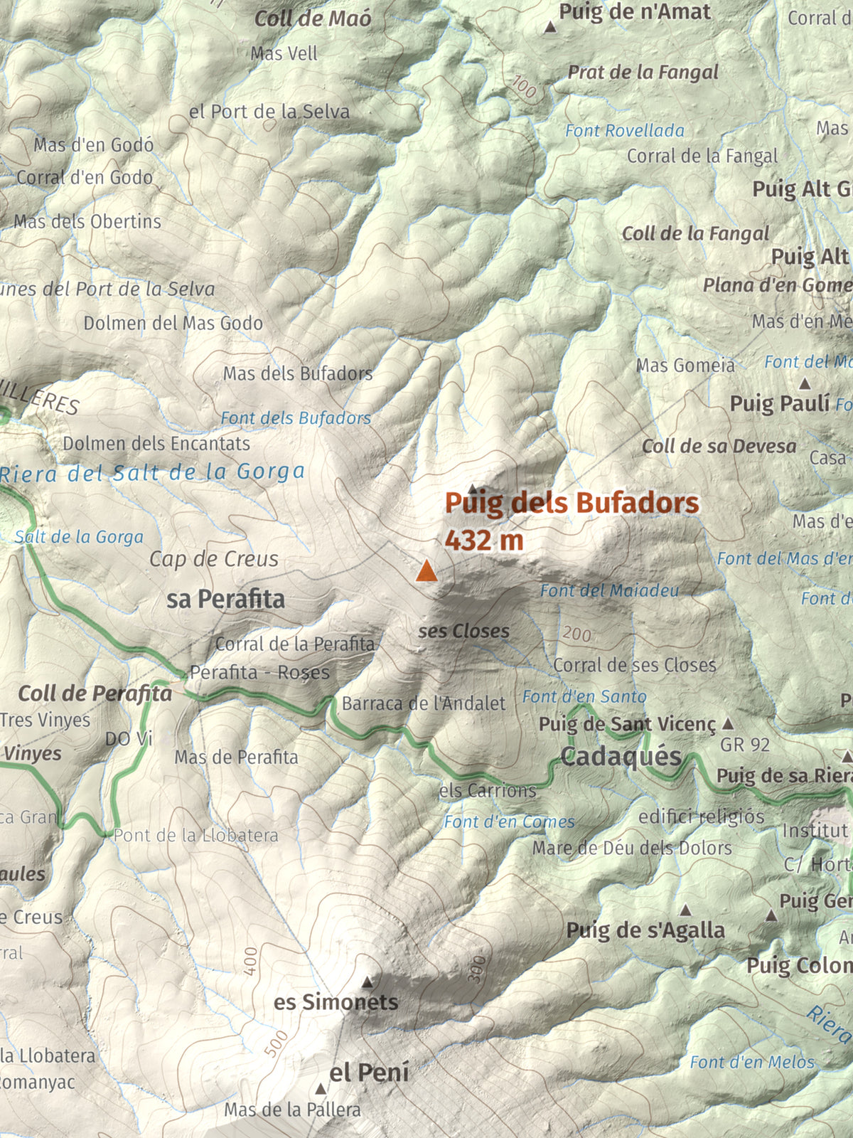 Mapa topogràfic del relleu: Puig dels Bufadors, 432 m. Detall de la zona central. 30 × 40 cm.