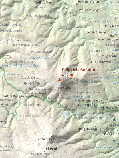 Mapa topogràfic del relleu: Puig dels Bufadors, 432 m. Detall de la zona central. 30 × 40 cm.
