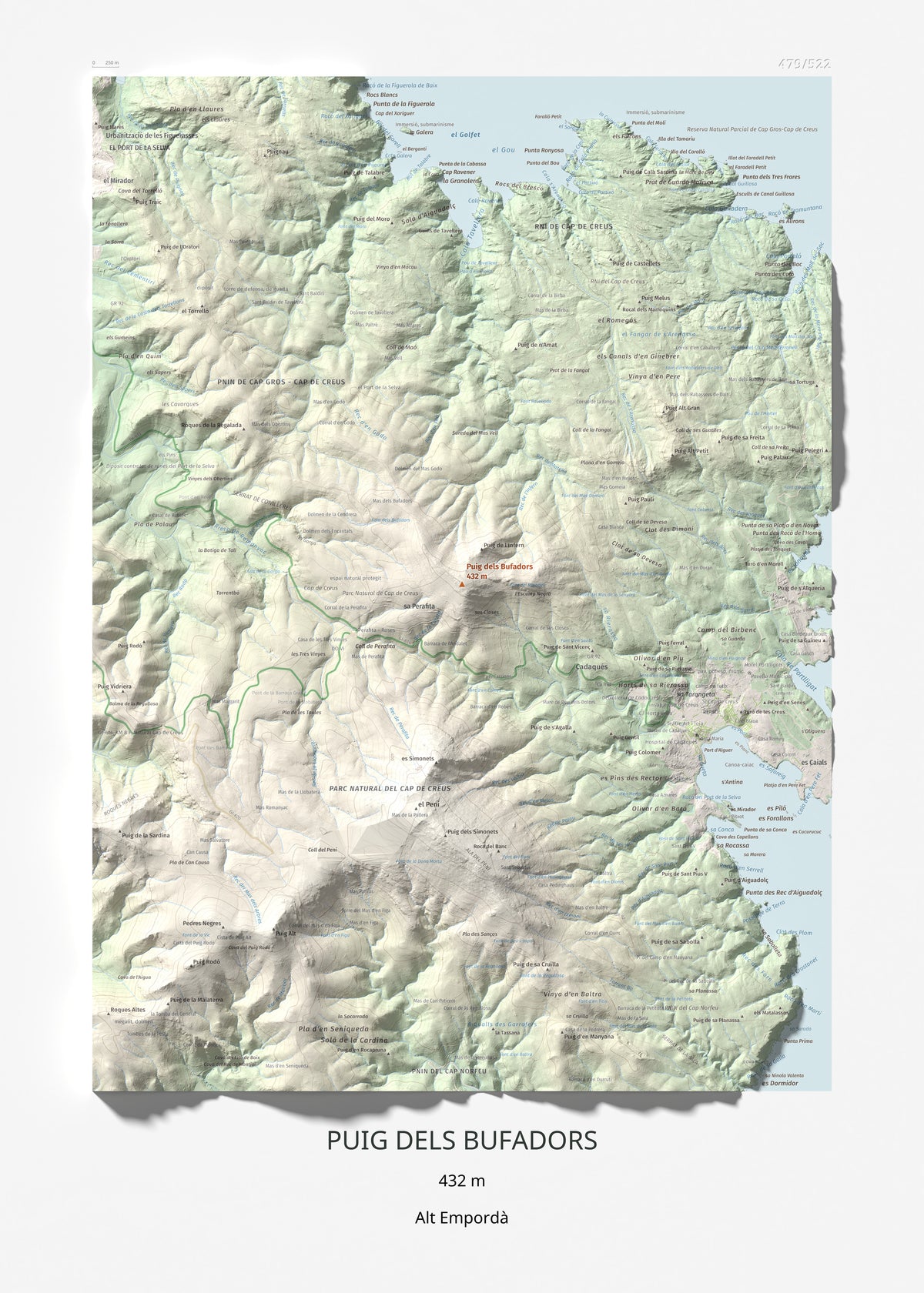 Mapa topogràfic del relleu: Puig dels Bufadors, 432 m. Làmina completa. 50 × 70 cm.