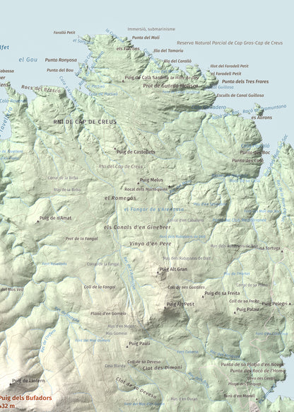 Mapa topogràfic del relleu: Puig dels Bufadors, 432 m. Detall de la zona superior dreta. 50 × 70 cm.