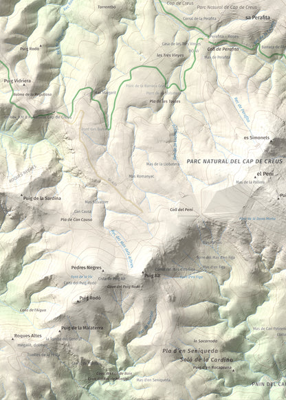 Mapa topogràfic del relleu: Puig dels Bufadors, 432 m. Detall de la zona inferior esquerra. 50 × 70 cm.