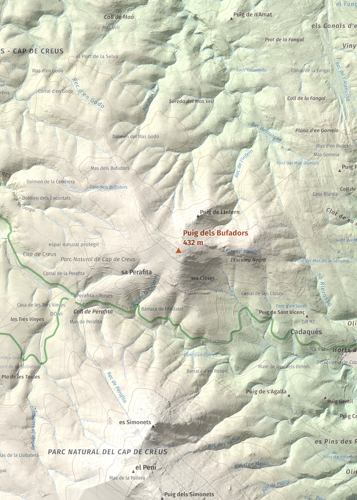 Mapa topogràfic del relleu: Puig dels Bufadors, 432 m. Detall de la zona central. 50 × 70 cm.