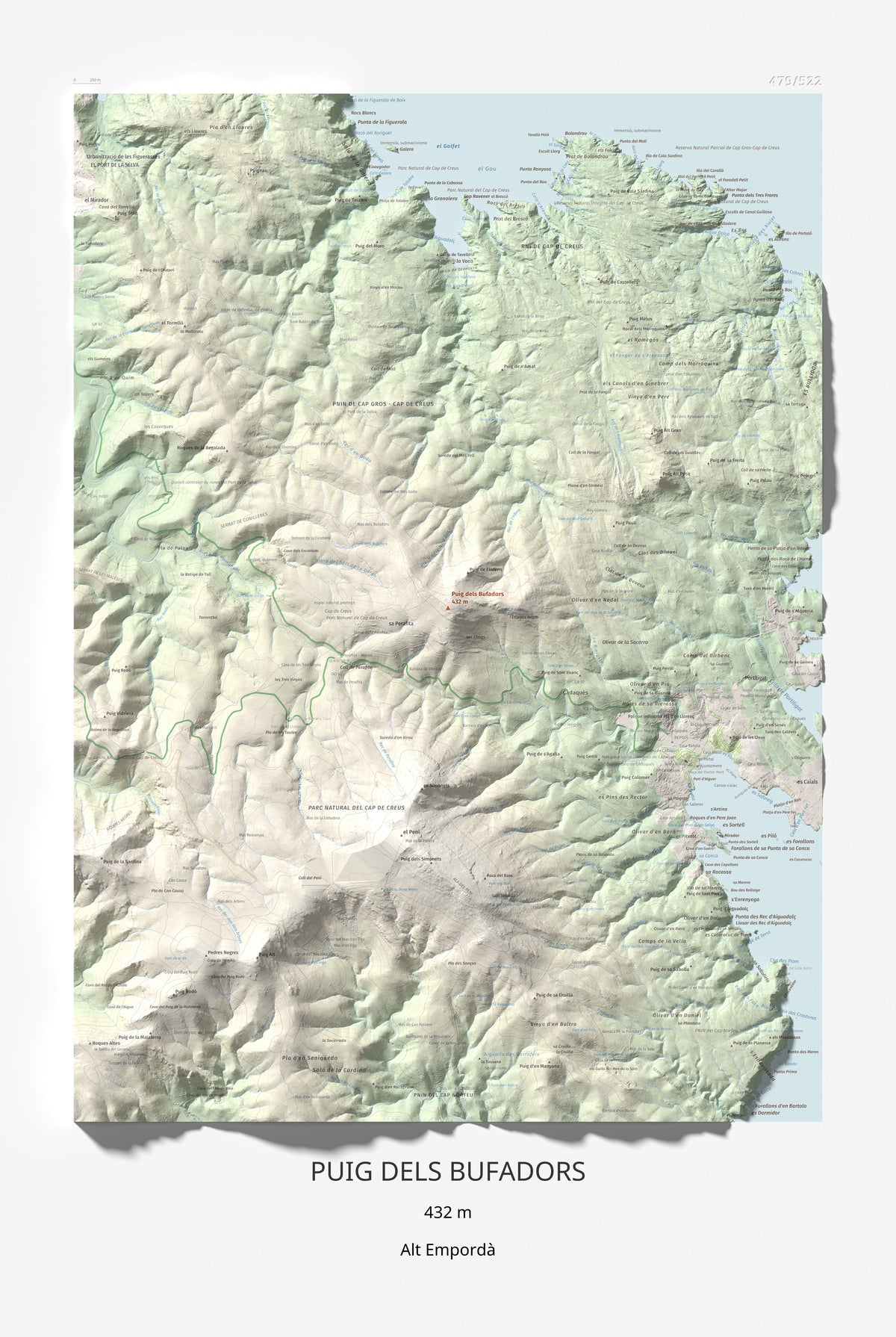Mapa topogràfic del relleu: Puig dels Bufadors, 432 m. Làmina completa. 61 × 91 cm.