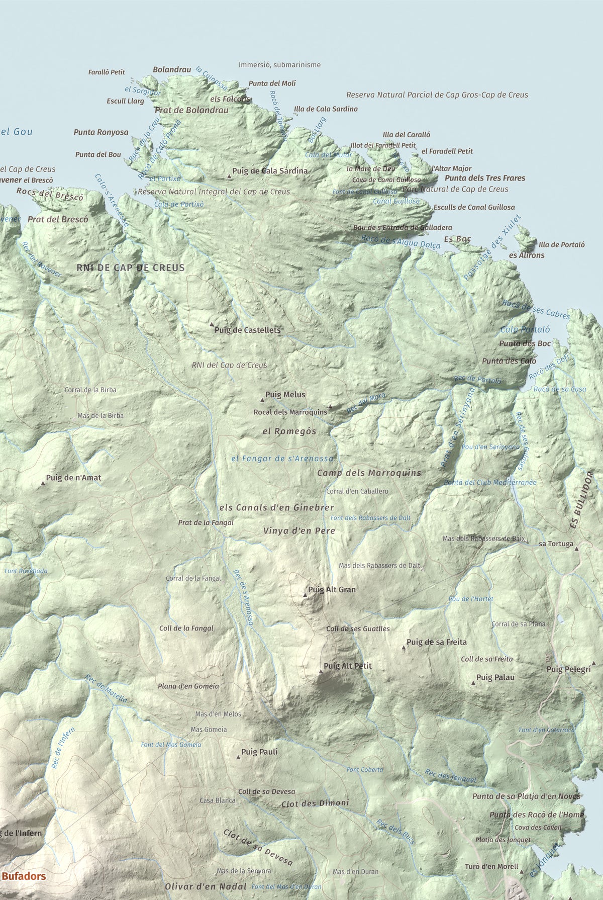 Mapa topogràfic del relleu: Puig dels Bufadors, 432 m. Detall de la zona superior dreta. 61 × 91 cm.