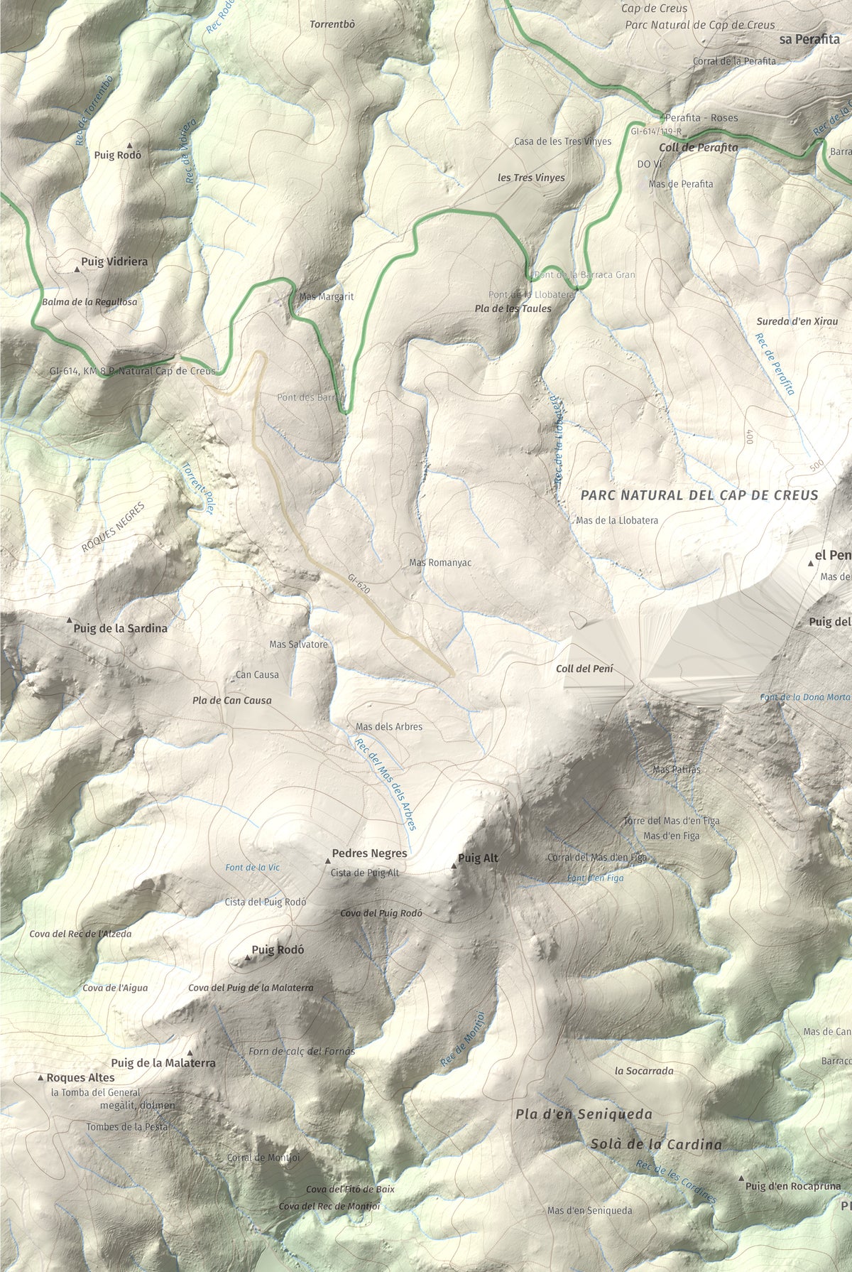 Mapa topogràfic del relleu: Puig dels Bufadors, 432 m. Detall de la zona inferior esquerra. 61 × 91 cm.