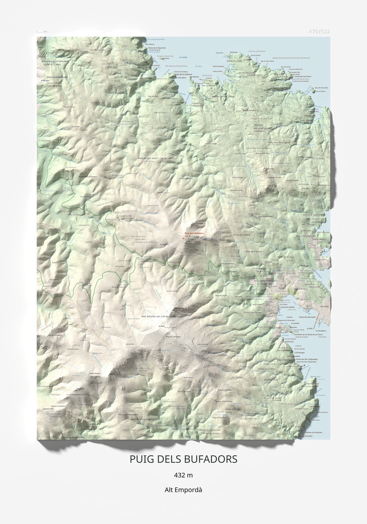 Mapa topogràfic del relleu: Puig dels Bufadors, 432 m. Làmina completa. 70 × 100 cm.
