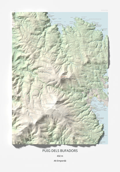 Mapa topogràfic del relleu: Puig dels Bufadors, 432 m. Làmina completa. 70 × 100 cm.
