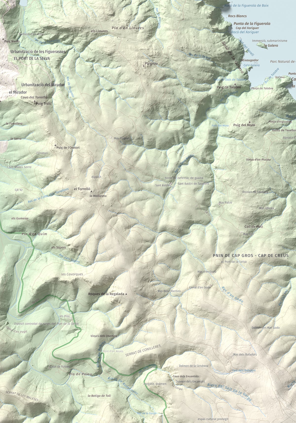 Mapa topogràfic del relleu: Puig dels Bufadors, 432 m. Detall de la zona superior esquerra. 70 × 100 cm.