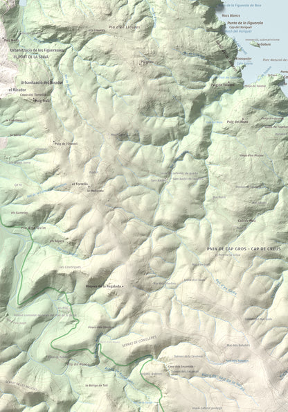 Mapa topogràfic del relleu: Puig dels Bufadors, 432 m. Detall de la zona superior esquerra. 70 × 100 cm.