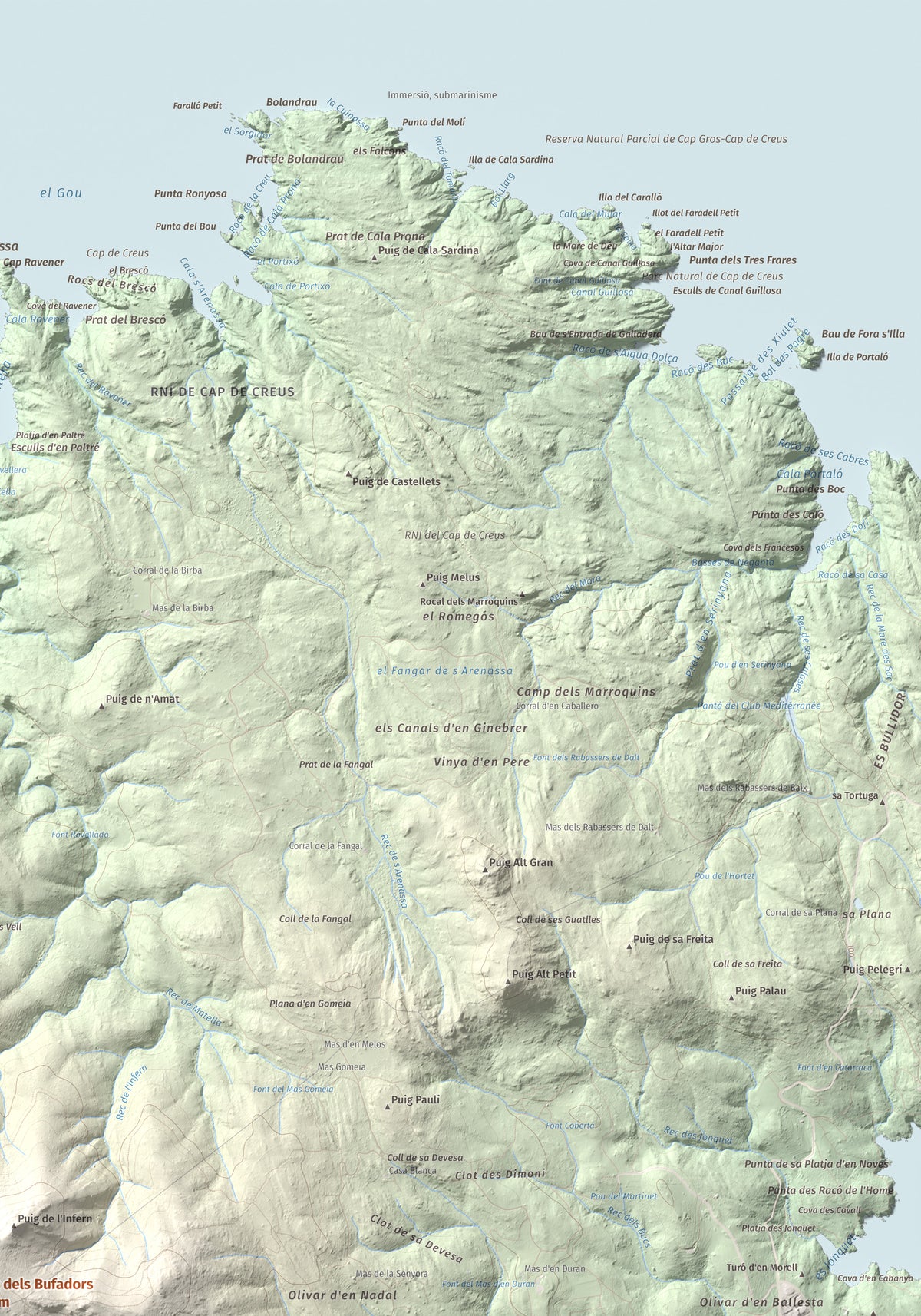 Mapa topogràfic del relleu: Puig dels Bufadors, 432 m. Detall de la zona superior dreta. 70 × 100 cm.
