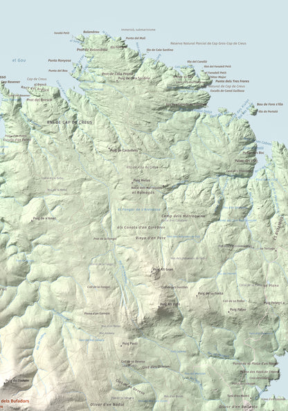 Mapa topogràfic del relleu: Puig dels Bufadors, 432 m. Detall de la zona superior dreta. 70 × 100 cm.
