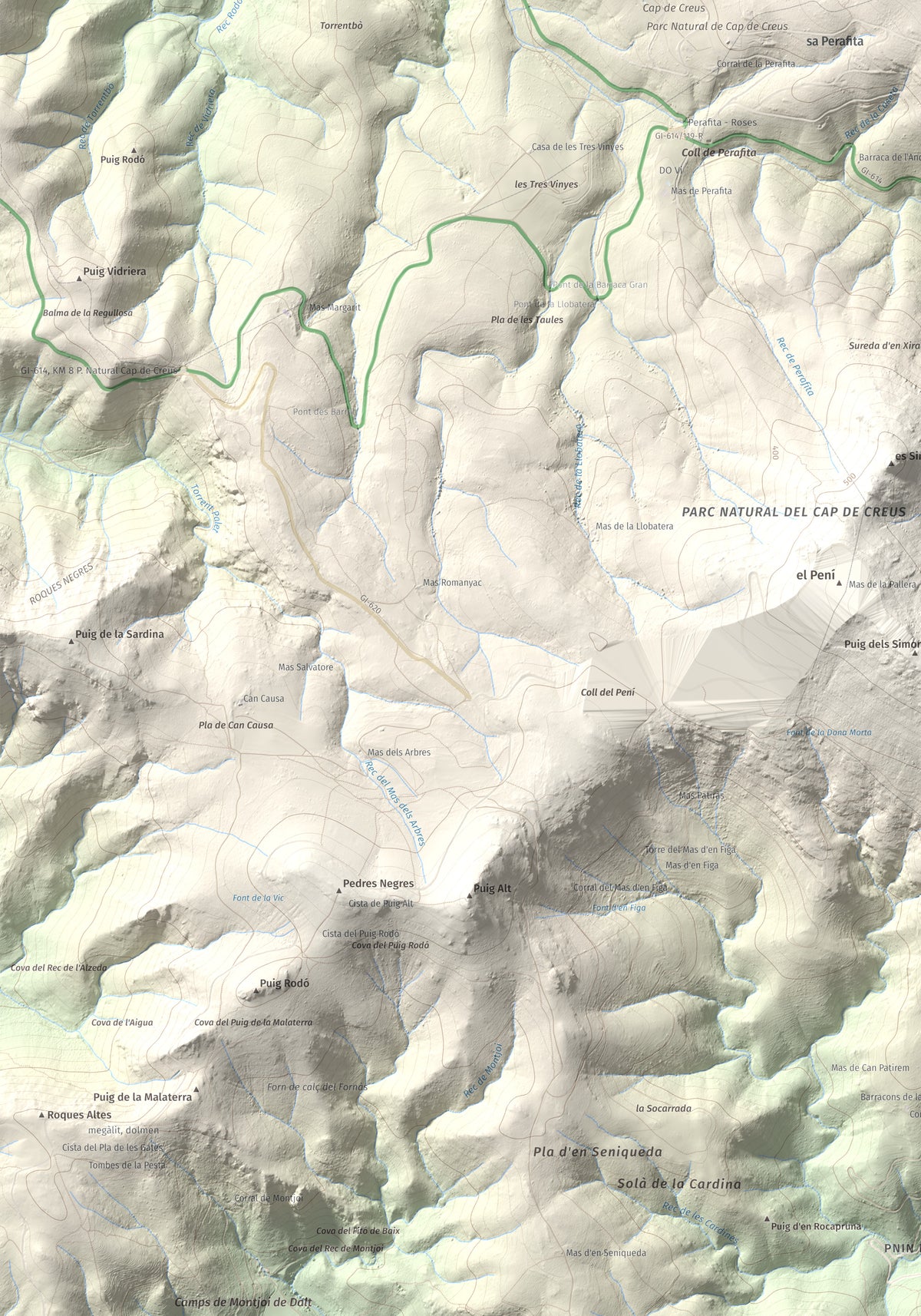 Mapa topogràfic del relleu: Puig dels Bufadors, 432 m. Detall de la zona inferior esquerra. 70 × 100 cm.