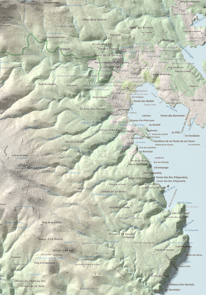 Mapa topogràfic del relleu: Puig dels Bufadors, 432 m. Detall de la zona inferior dreta. 70 × 100 cm.